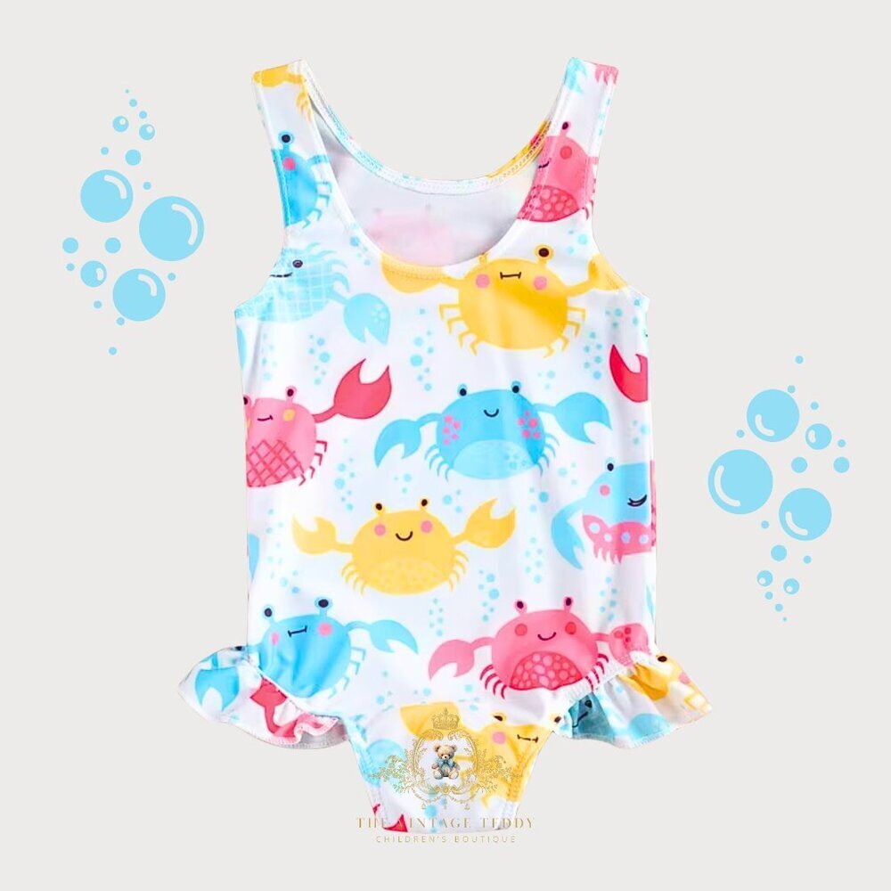NWT Pretty Girls One-Piece Swimsuit Swimwear for Kids Little Crab Fun Cute 6-12M
